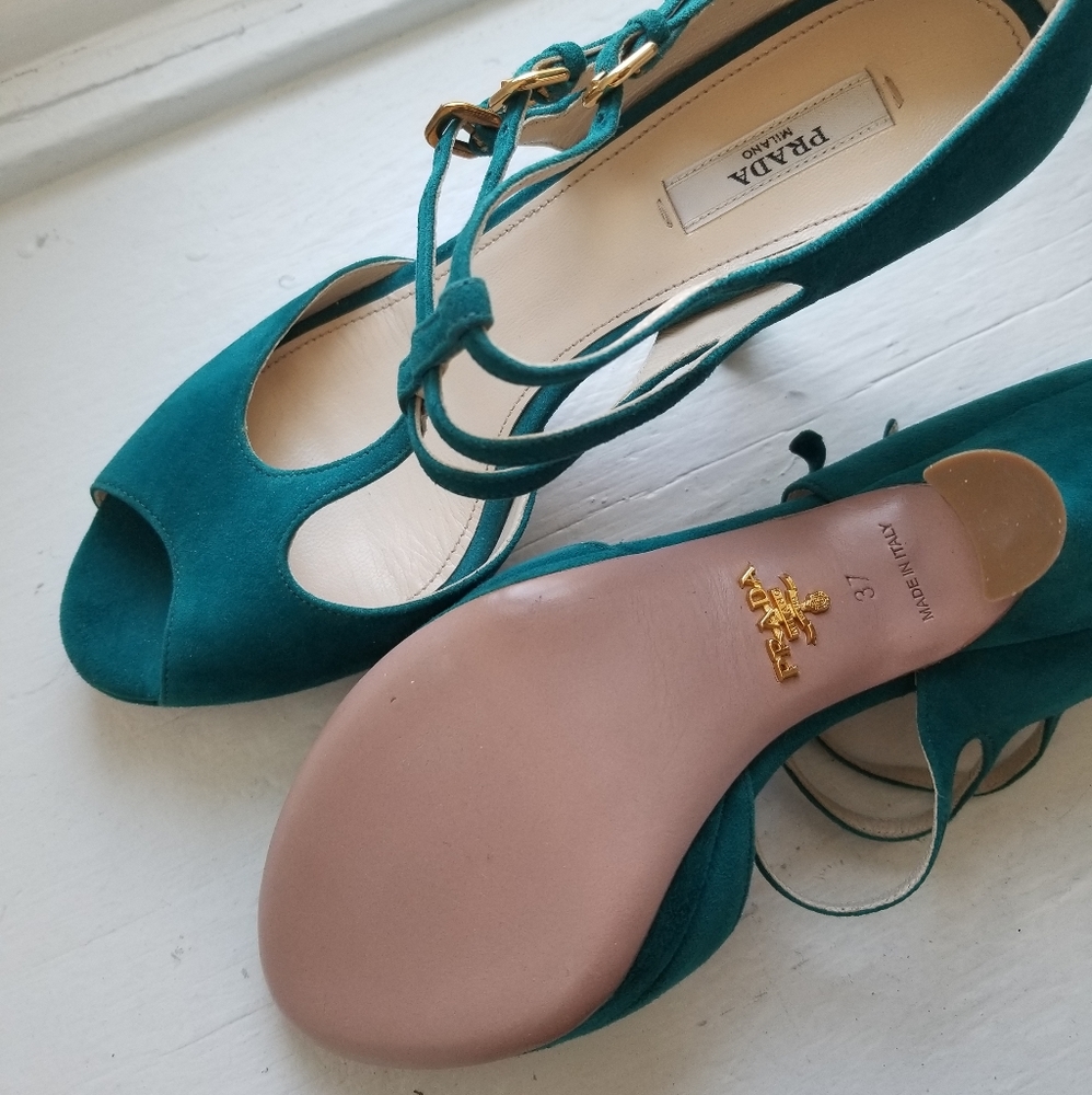 Prada Leather T-strap Open Toe Heels Teal - Picture 4 of 6